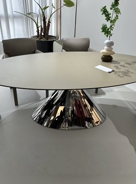 CZ226复合岩板椭圆形餐桌2米长餐台不锈钢脚米黄色黑色岩板长餐桌