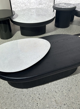 CJ512天然大理石异形茶几旋转大理石台面黑色中古风复合创意茶几