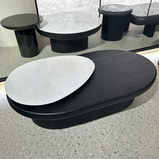 CJ512天然大理石异形茶几旋转大理石台面黑色中古风复合创意茶几