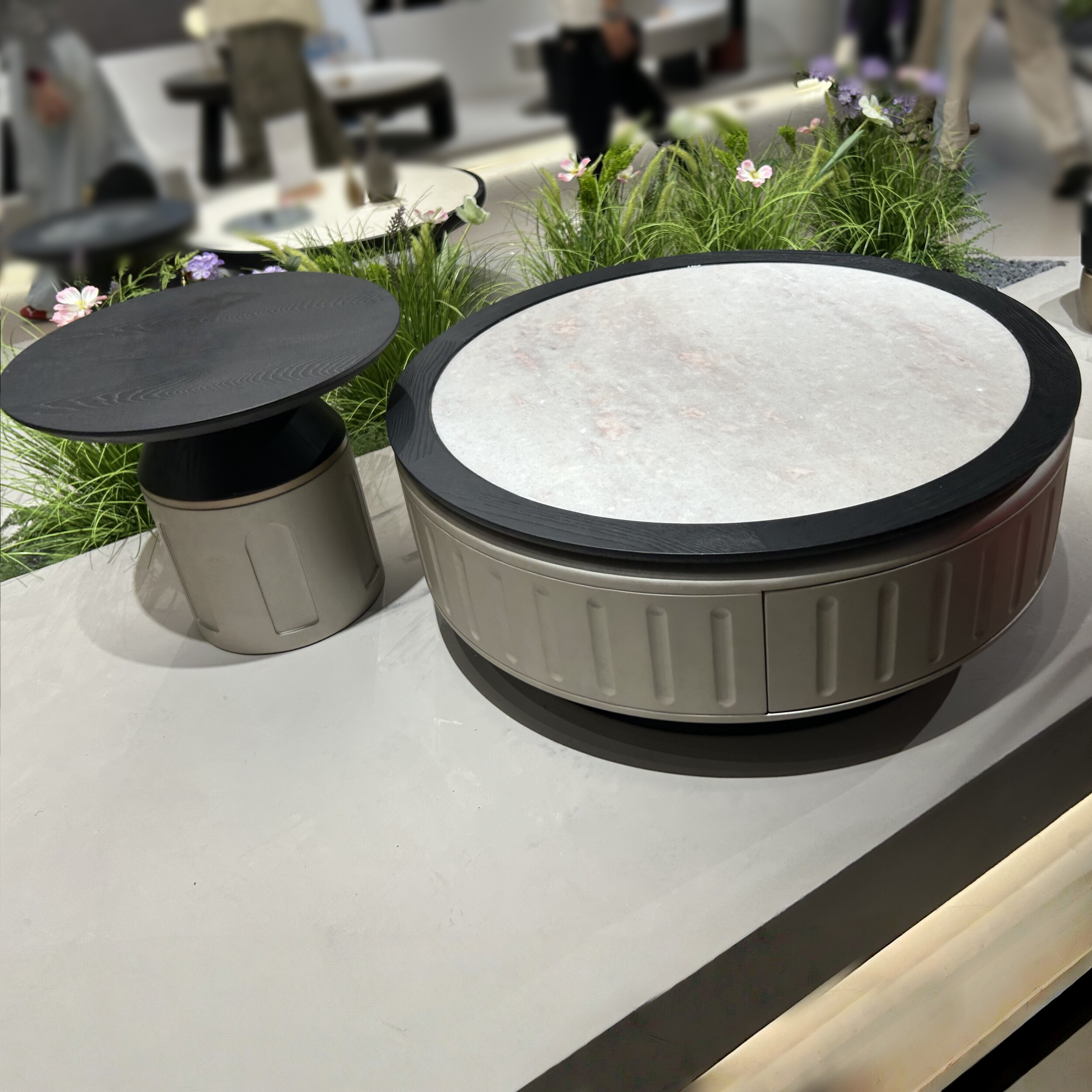 CJ755圆形组合茶几黑色木纹中古风茶几微晶石钻石白台面极简现代