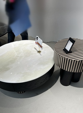 CJ388大理石微晶石组合茶几纯天然奢石大小圆形红色黑色白色茶几