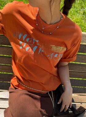 ACRAB 夏季多巴胺橘色美式复古慵懒宽松印花短袖T恤复古上衣女装