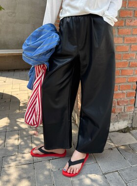 ACRAB 黑色松弛感百搭宽松松紧九分皮裤中性风秋冬新款休闲长裤女