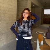 ACRAB2026春季 新INS风条纹假两件长袖 T恤miu系正肩打底百搭上衣女