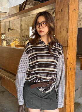 【3/18 New 】 ACRAB 早春miu系撞色条纹拼接polo领长袖T恤上衣女