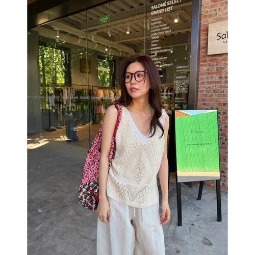 ACRAB夏薄V领镂空针织背心女