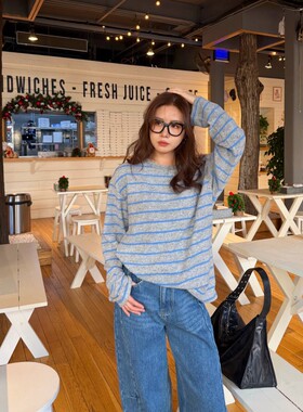 ACRAB 清新蓝色休闲风条纹长袖T恤宽松圆领内搭上衣打底衫女装