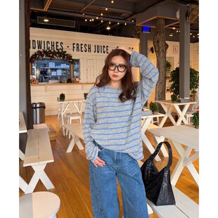 ACRAB 清新蓝色休闲风条纹长袖T恤宽松圆领内搭上衣打底衫女装