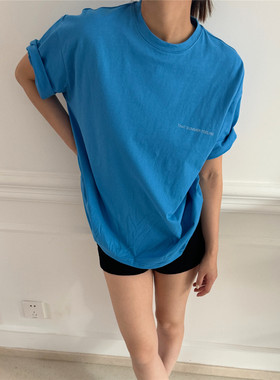 ACRAB 简约湖蓝美式夏季慵懒风中长款字母宽松上衣纯棉短袖T恤女