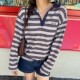 早秋miu系撞色美式 条纹polo衫 领长袖 ACRAB T恤女 学院风宽松上衣