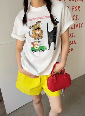 ACRAB 美式卡通动物白色正肩宽松短袖T恤夏季新款纯棉上衣女