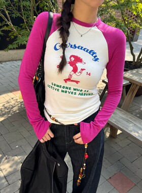 ACRAB 早秋滑板少女美式复古插肩袖长袖T恤 修身内搭正肩打底上衣
