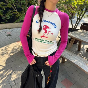 早春滑板少女美式 修身 复古插肩袖 T恤 内搭正肩打底上衣 长袖 ACRAB