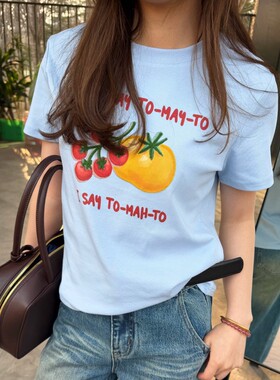 【3/23 New 】ACRAB 手绘番茄印花短袖T恤女圆领休闲上衣百搭