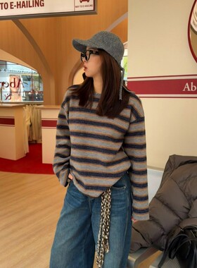 ACRAB 复古撞色条纹慵懒风圆领长袖针织衫质感女秋冬加厚宽松上衣