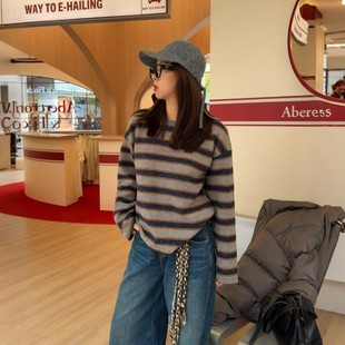 质感女秋冬加厚宽松上衣 针织衫 ACRAB 复古撞色条纹慵懒风圆领长袖