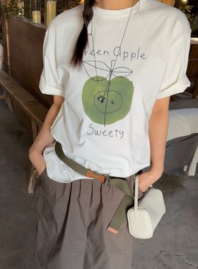 ACRAB 美式复古绿苹果白色宽松短袖T恤女夏季新款纯棉上衣