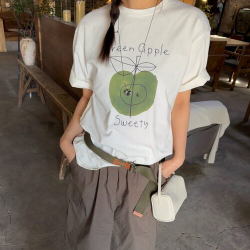 ACRAB美式复古绿苹果白色短袖T恤