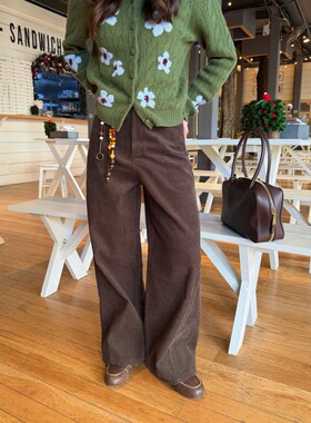ACRAB 秋冬复古灯芯绒咖色阔腿裤女 深棕色高腰直筒显瘦休闲长裤