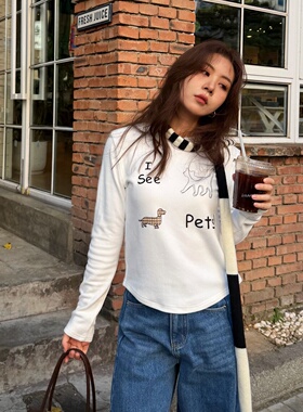 ACRAB  舒适德绒打底衫 美式高街白色涂鸦慵懒修身显瘦T长袖T恤女