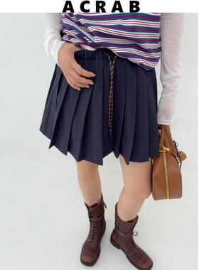 ACRAB miu系美式复古松紧腰休闲半身裙裤 藏蓝色短裙褶皱A字裙女