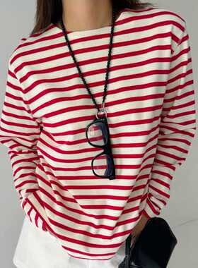 ACRAB 新年红 极简主义条纹圆领长袖T恤打底衫 复古简约通勤上衣