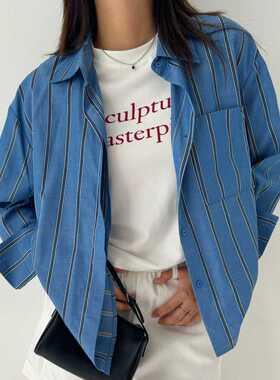 ACRAB 极简老钱风宽竖条纹蓝色长袖衬衫春夏 简约宽松休闲上衣
