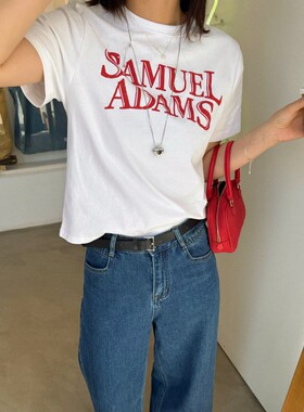 ACRAB 极简美式红色字体复古白色宽松短袖T恤女夏季新款纯棉上衣