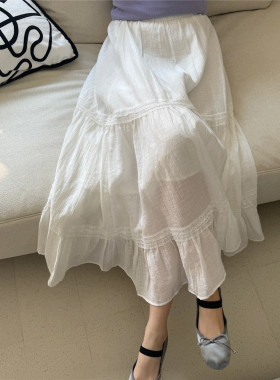 ACRAB 仙女风蕾丝边褶皱蛋糕裙高腰不规则百搭中长款半身裙a字裙