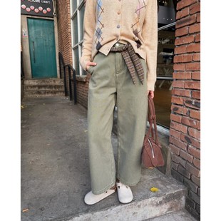 New 秋冬加绒加厚九分弯刀牛仔裤 做旧绿色休闲裤 女 长裤