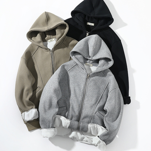 冬季美式重磅500g连帽拉链纯棉卫衣男工装廓形大口袋情侣保暖外套