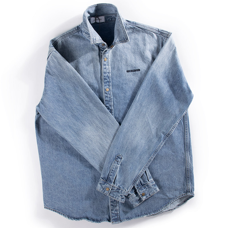 春秋日系复古重磅水洗牛仔衬衫男女高定纯铜按扣刺绣长袖衬衣夹克