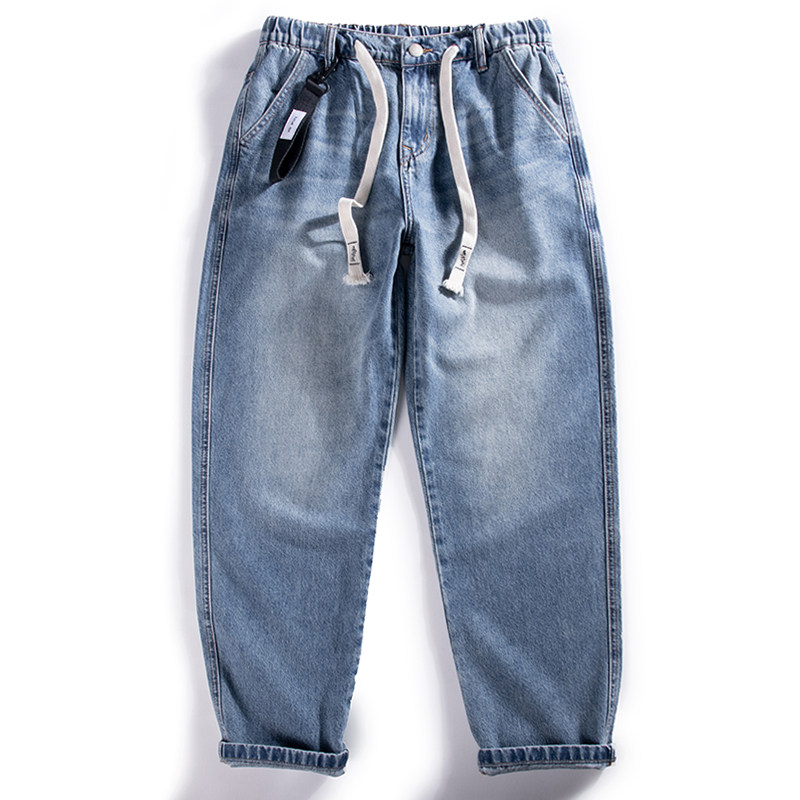 春秋日韩系复古极简重工水洗做旧宽松直筒牛仔裤男女阔腿休闲长裤