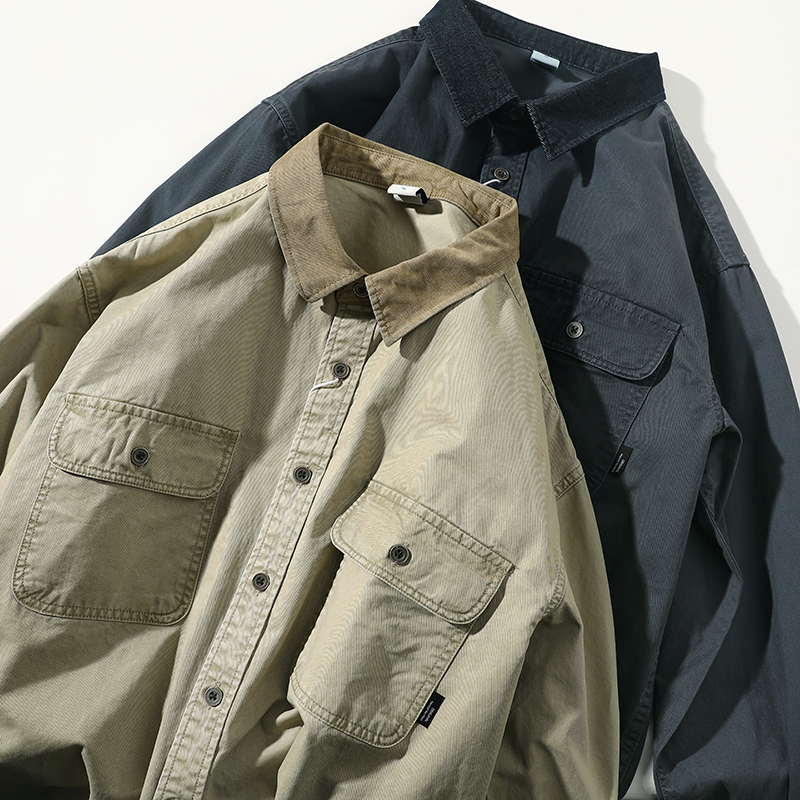 美式复古撞色拼接纯棉长袖衬衫