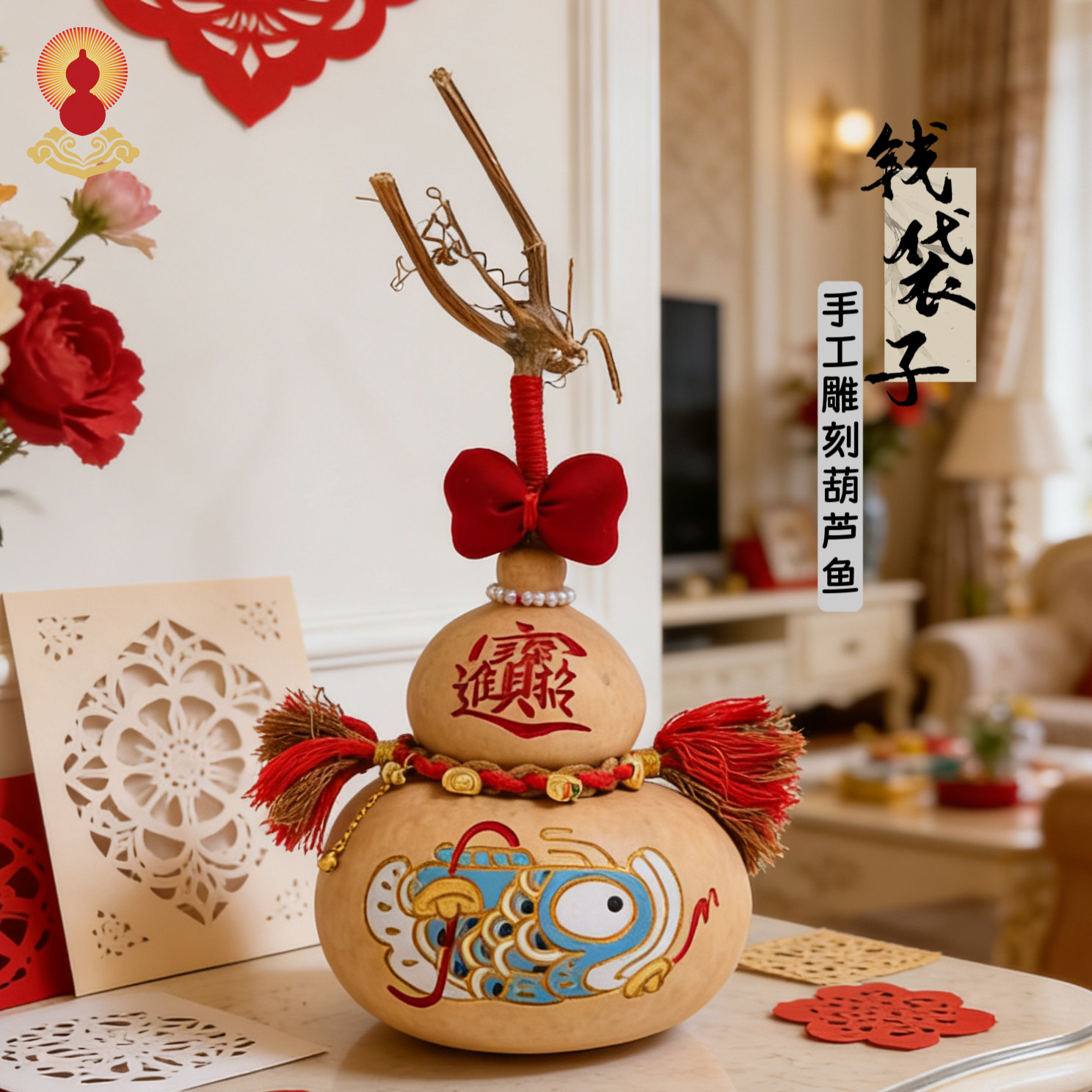 彩绘钱袋子葫芦挂件乔迁新居国潮锦鲤鱼手工雕刻烙画异形文玩摆件