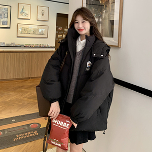 黑色学院风连帽羽绒棉服女冬季新款小个子加厚流行保暖棉袄外套图片
