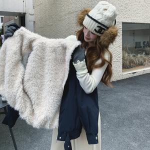 韩系复古深蓝色翻领皮毛一体短外套女2025冬季新款设计感毛领夹克图片