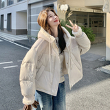 韩系羊羔毛拼接连帽羽绒服女2025冬新款短款米白色保暖面包服外套，女装羽绒服，2B193