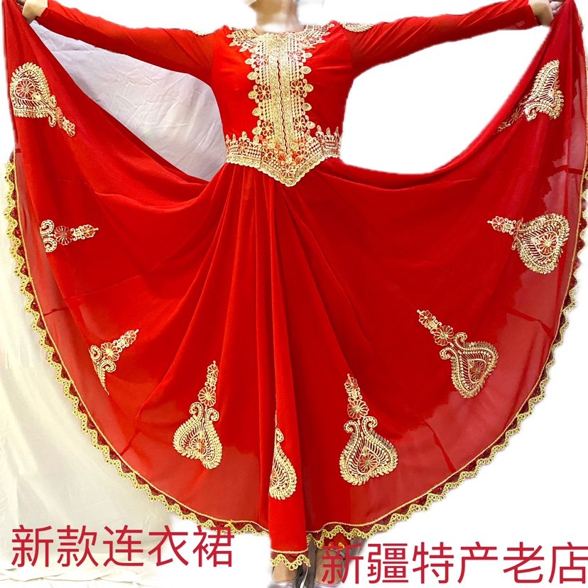 新疆新款连衣裙春装新品女士女装修身显瘦大摆舞蹈演出连衣裙子