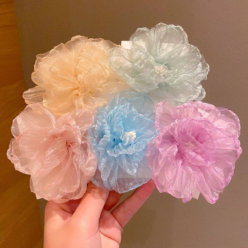 新款儿童发夹甜美可爱公主风侧边夹子网纱花朵发夹女童鸭嘴夹发饰