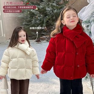 2025冬新品女童红色拜年服高品质丝绒保暖加厚面包方格羽绒服外套