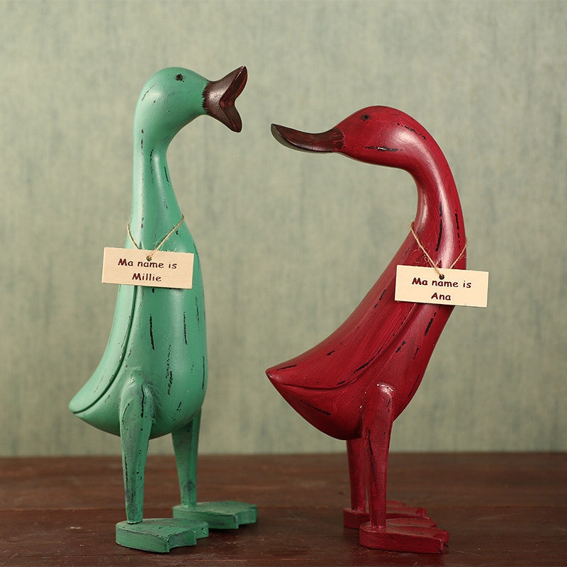 美式乡村木质家居客厅装饰品 复古做旧动物套二鸭子餐厅酒吧摆件