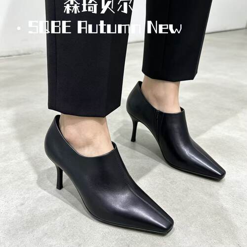 森琦贝尔2026年秋款263-1207胎牛皮方头高跟鞋脚踝靴法式单鞋简约