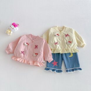 女童猫咪外套2026新款春季宝宝洋气蝴蝶结花边上衣儿童韩版春装潮