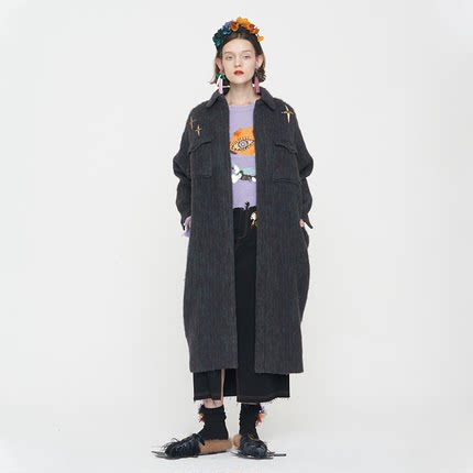 小众原创设计师潮牌褐色蓝灰复古宽松过膝翻领毛呢长大衣外套女