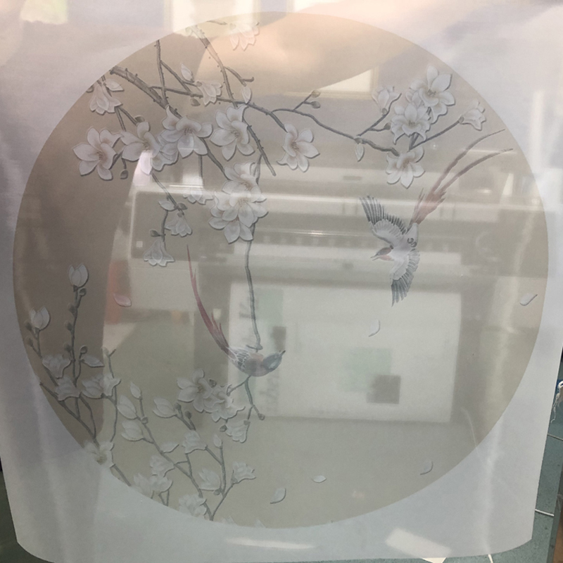 新中式屏风纱画定制圆形半透明丝绢纱花格画布山水花鸟圆框玄关画