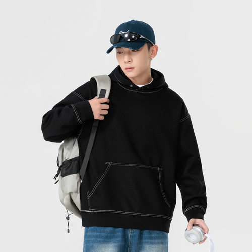 美式重磅连帽卫衣男秋冬季潮牌高级感男装辑明线宽松纯色男士