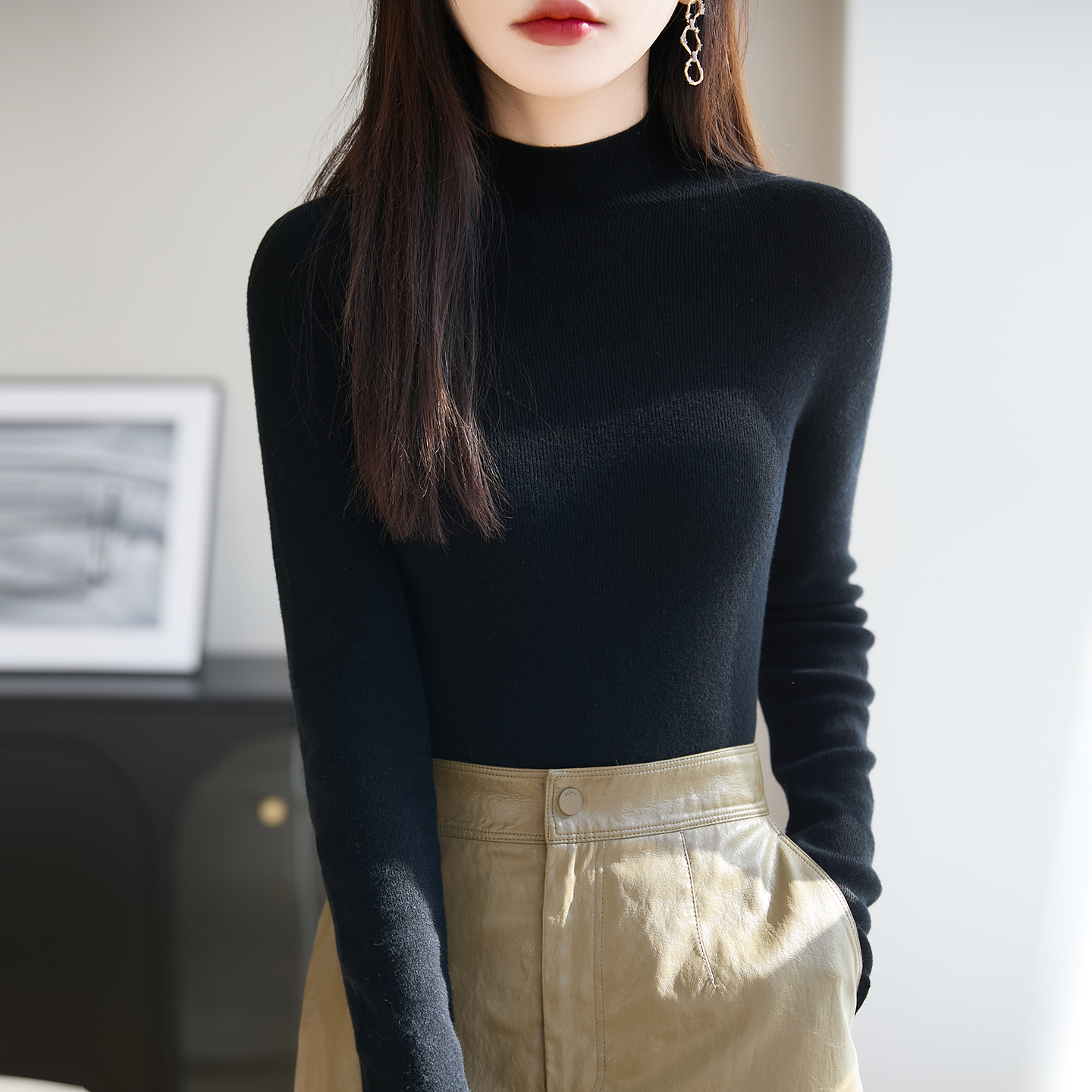 2025冬季新款扬子纱精纺纯羊毛衫女半高领加厚修身内搭打底针织衫