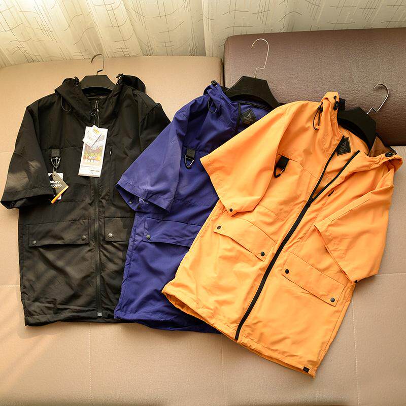 客供防泼水面料外贸日单元单短袖空调服男款连帽拉链时尚户外工装