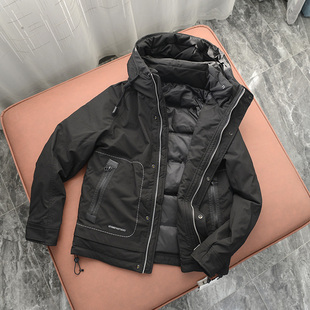 外贸工厂订单 防钻绒 羽绒服冬季男款双层领连帽短款青年时尚外穿